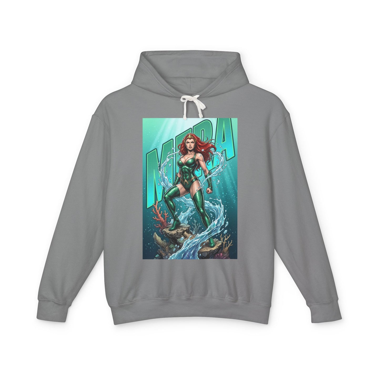 Mera Hoodie | DC Superhero Hoodie | Ocean-Born Warrior Pullover - gray unisex hoodie featuring bold Mera artwork with aquatic design