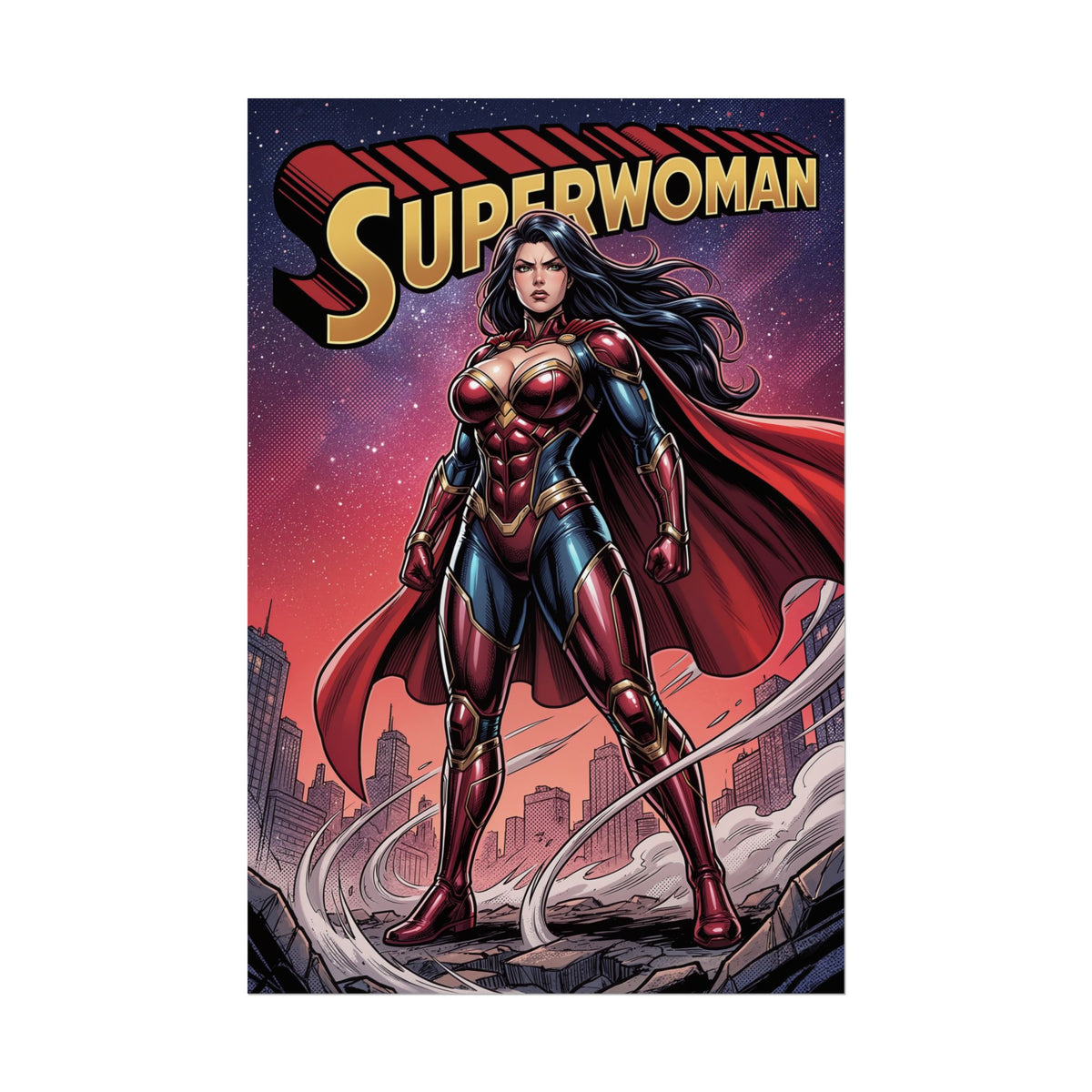 Superwoman Poster / Superwoman Wall Art / Superwoman Art Print / DC Comics Poster showcasing a powerful heroine with flowing cape over city skyline