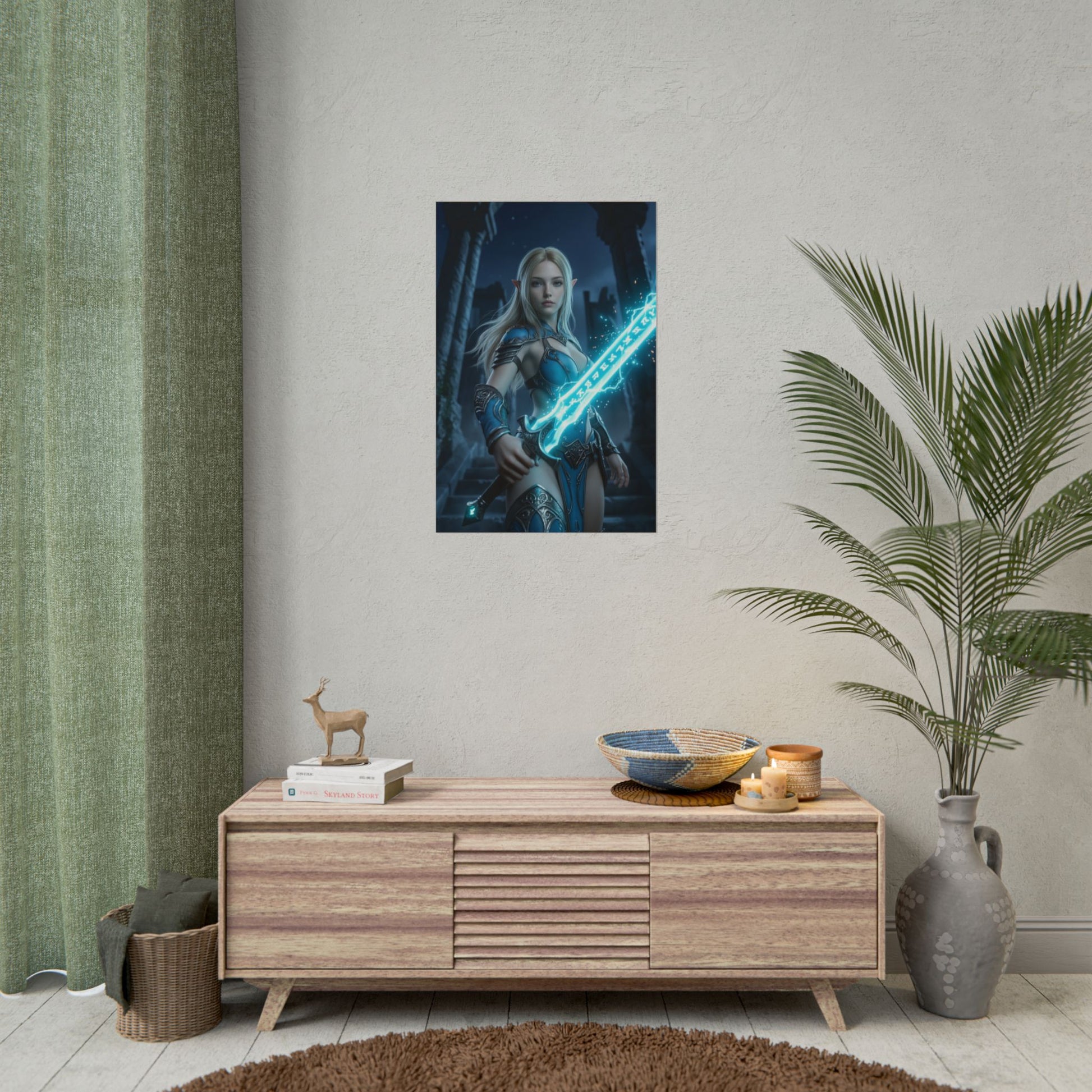 Princess Poster Fantasy  Wall Art Print Gaming Room Decor featuring heroine with glowing sword in mystical ruin, cinematic lighting and strong depth