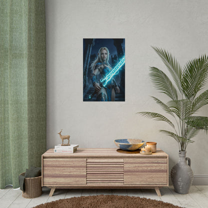 Princess Poster Fantasy  Wall Art Print Gaming Room Decor featuring heroine with glowing sword in mystical ruin, cinematic lighting and strong depth