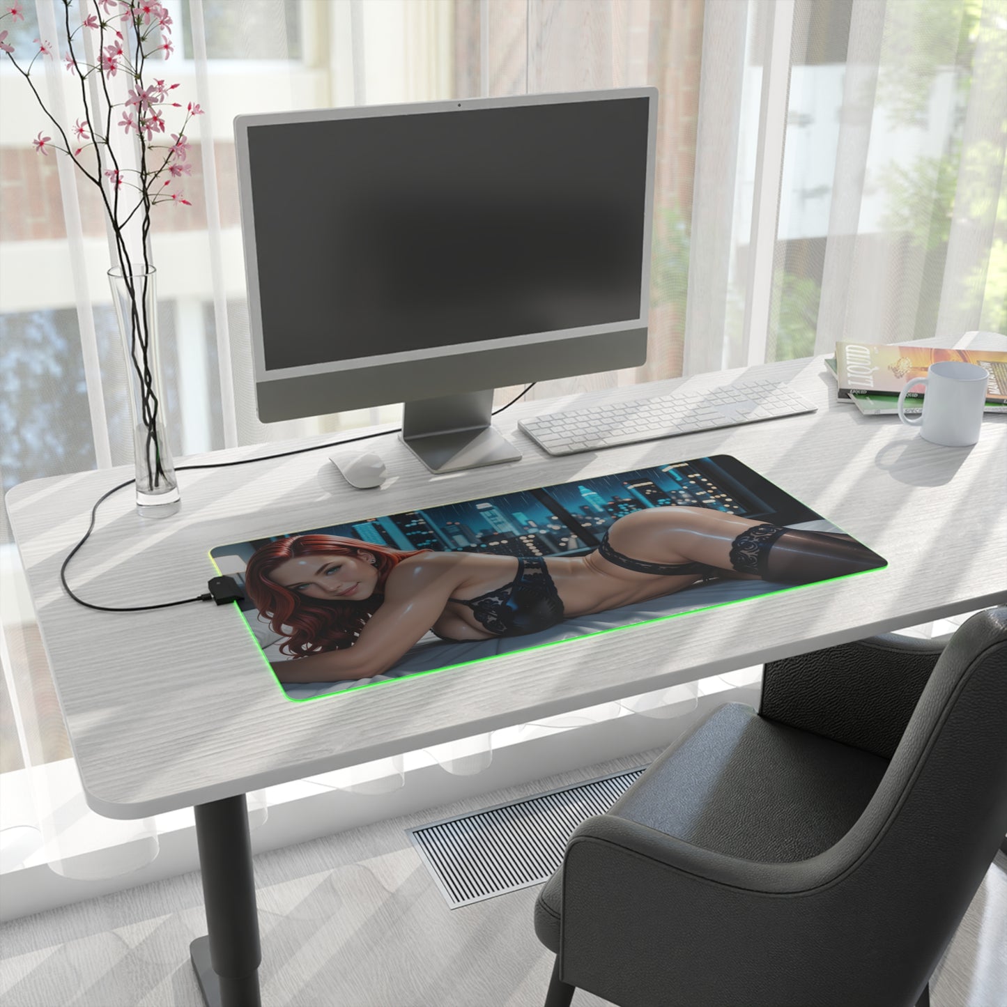 Black Widow Desk Mat – LED RGB Pad, Waifu Hero Anime Girl Gaming Setup