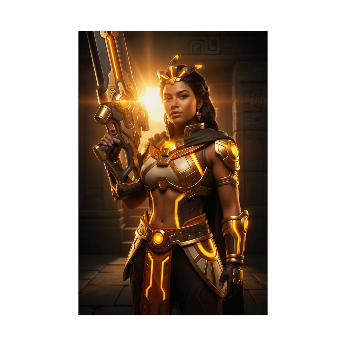 Illari Poster, Overwatch Art Print  Iconic Support Heroine Wall Art showing armored heroine with golden energy rifle in esports gaming room decor