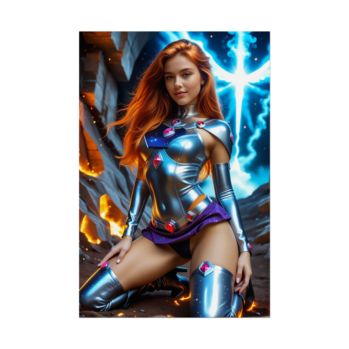Starfire Poster  Stunning Heroine Wall Art Print for Bedroom or Office Decor, vibrant high-res heroine poster with red hair and cosmic energy