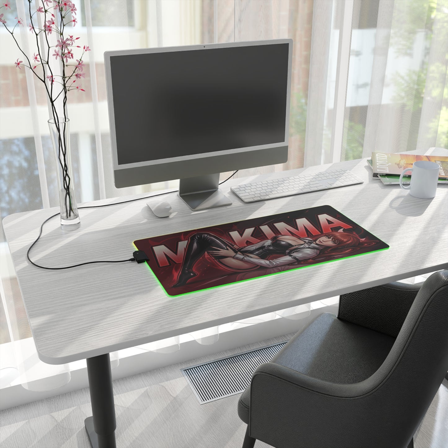 Makima RGB Desk Mat, Chainsaw Man Gaming Mouse Pad, LED Desk Mat for Anime Setup on modern white desk with RGB lighting and Makima artwork