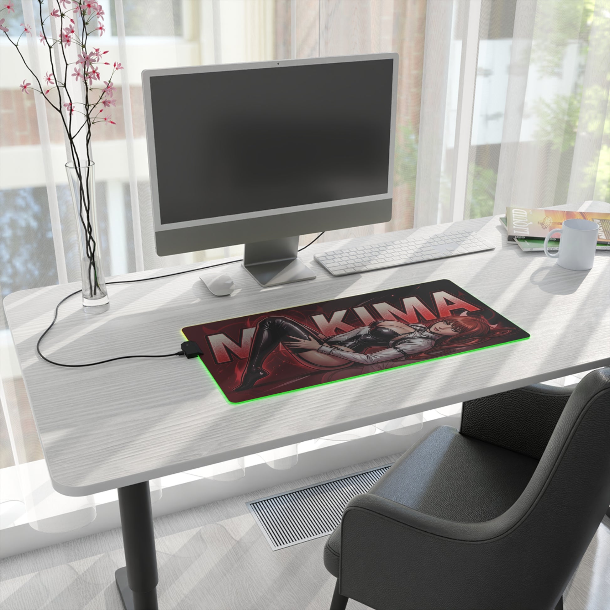 Makima RGB Desk Mat, Chainsaw Man Gaming Mouse Pad, LED Desk Mat for Anime Setup on modern white desk with RGB lighting and Makima artwork