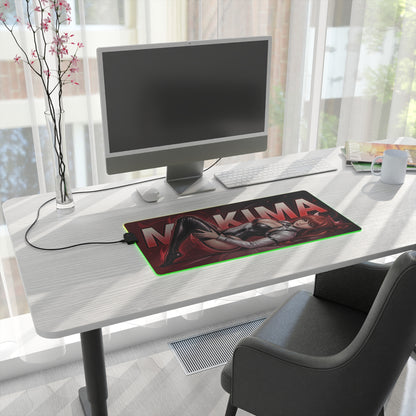 Makima RGB Desk Mat, Chainsaw Man Gaming Mouse Pad, LED Desk Mat for Anime Setup on modern white desk with RGB lighting and Makima artwork