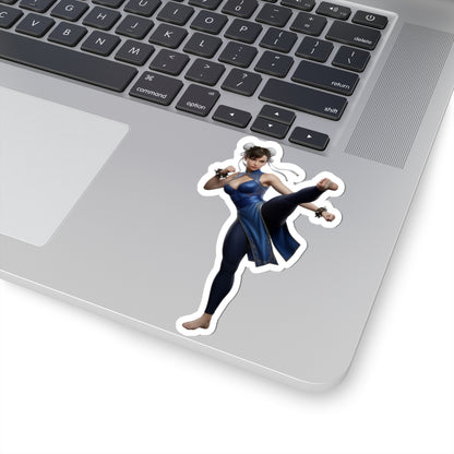 Chun-Li Sticker – Street Fighter Vinyl Sticker for Laptops & Indoor Decor on laptop showing glossy durable vinyl, vibrant colors, bubble-free application