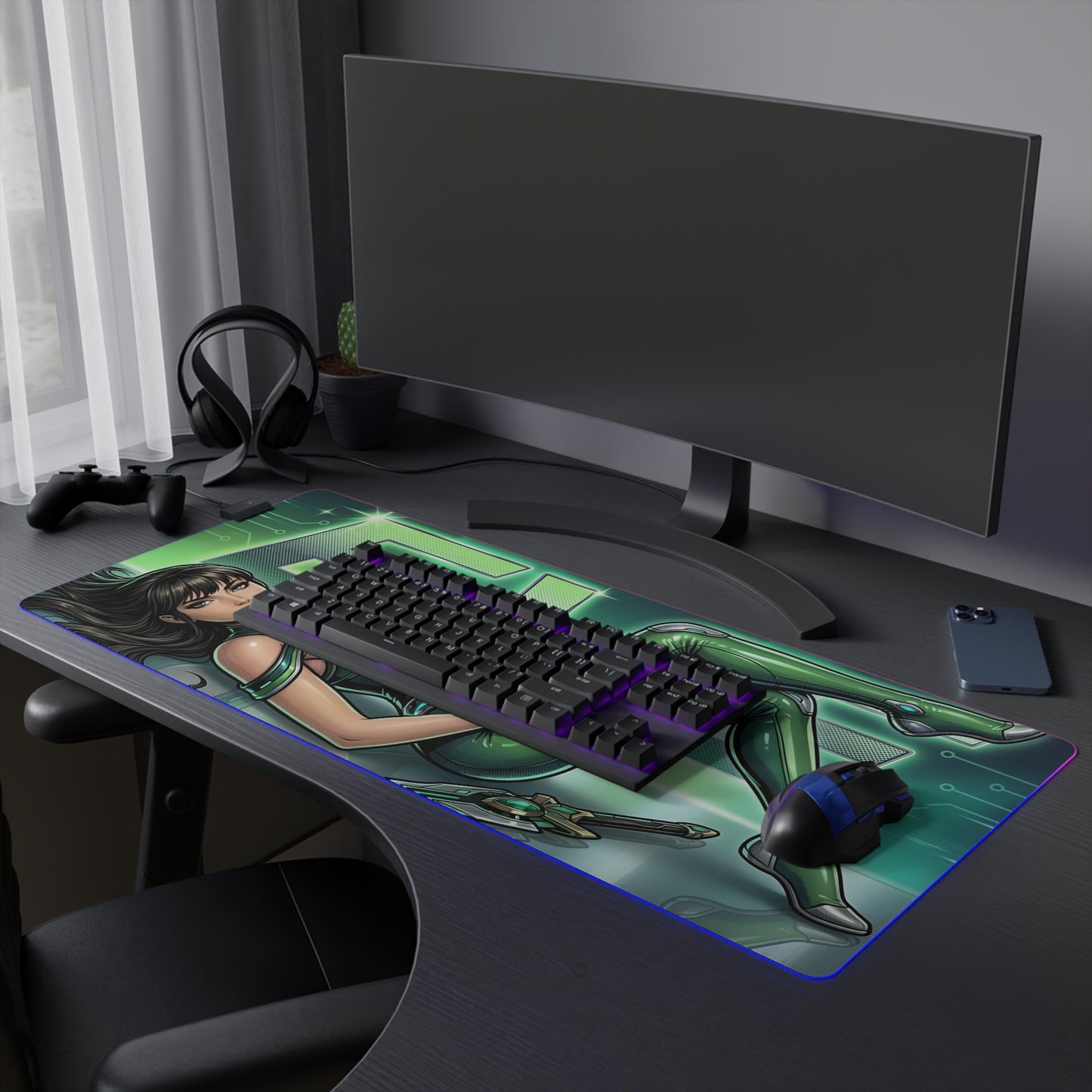 EVE RGB Desk Mat, Stellar Blade Gaming Mouse Pad, LED Desk Mat for Futuristic Setup – sci-fi character artwork RGB LED mouse pad on gaming desk