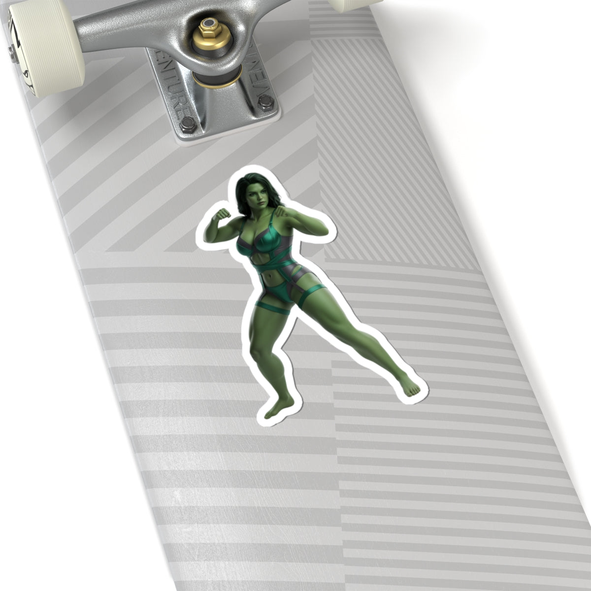 She-Hulk Sticker – Comic Heroine Vinyl Sticker for Laptops & Indoor Decor on skateboard showing glossy green comic heroine vinyl decal
