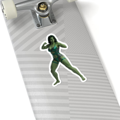 She-Hulk Sticker – Comic Heroine Vinyl Sticker for Laptops & Indoor Decor on skateboard showing glossy green comic heroine vinyl decal