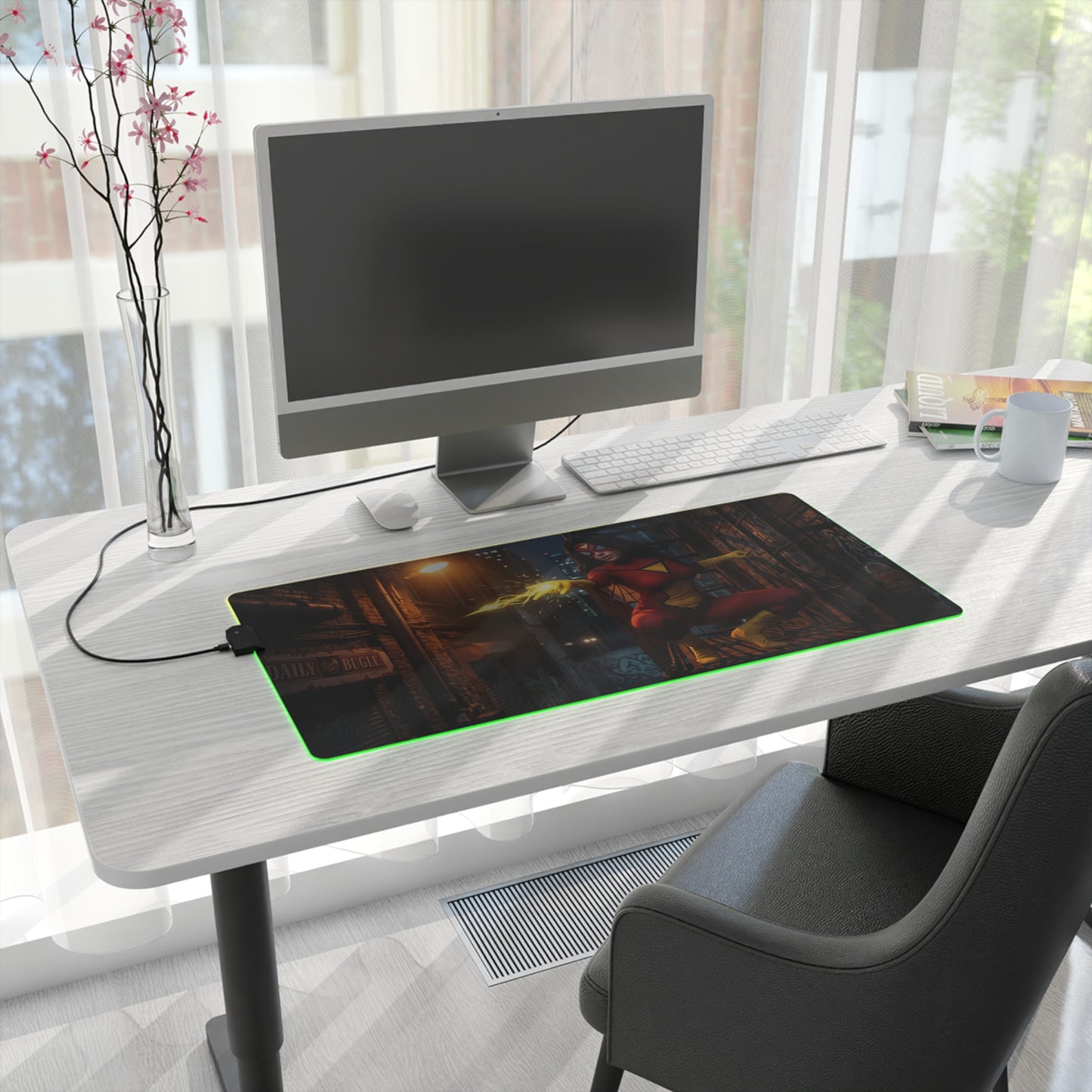 Spider-Woman Desk Mat – LED RGB Pad, Waifu Hero Anime Girl Setup on modern white desk with green RGB edge and PC monitor