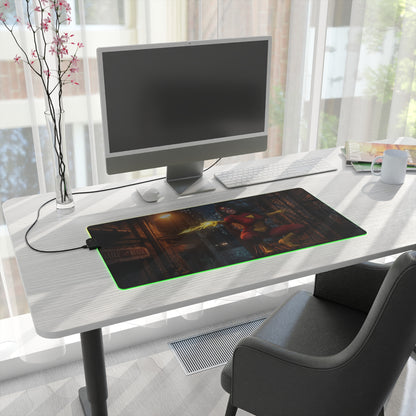 Spider-Woman Desk Mat – LED RGB Pad, Waifu Hero Anime Girl Setup on modern white desk with green RGB edge and PC monitor