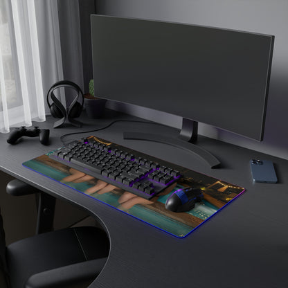 Ada Wong, Claire Redfield & Jill Valentine Desk Mat – LED RGB Pad shown on gaming desk with keyboard, mouse and RGB lighting