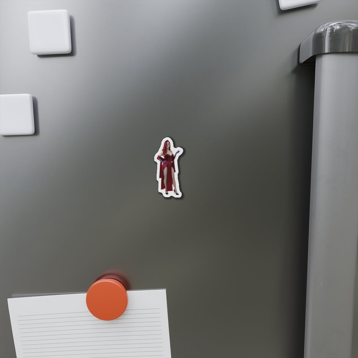 Jessica Rabbit Magnet – Cartoon Icon Fridge Magnet, Anime Style Decor small die-cut vinyl magnet on gray fridge showcasing anime-style Jessica Rabbit artwork