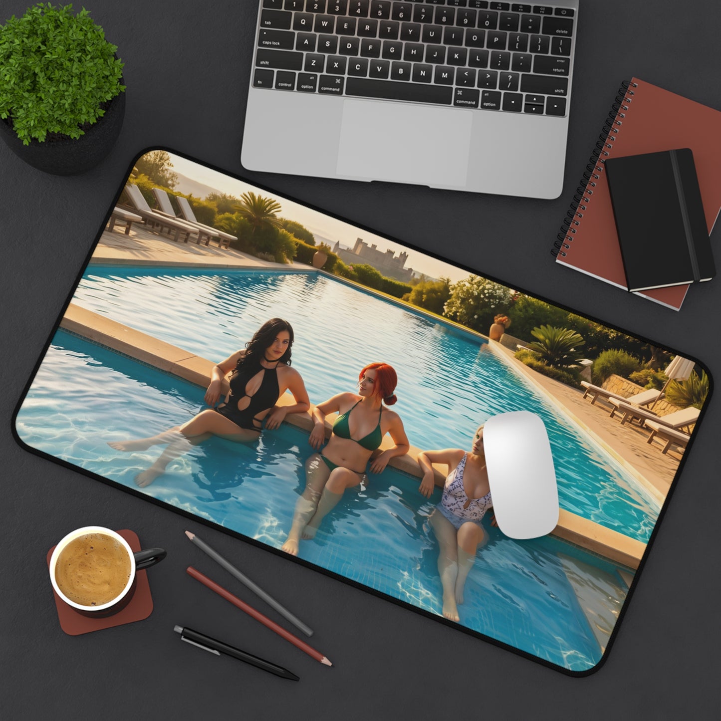 Witcher Gaming Mouse Pad – Ciri Triss Yennefer Desk Mat, Fantasy RPG Setup featuring Ciri Triss and Yennefer poolside artwork
