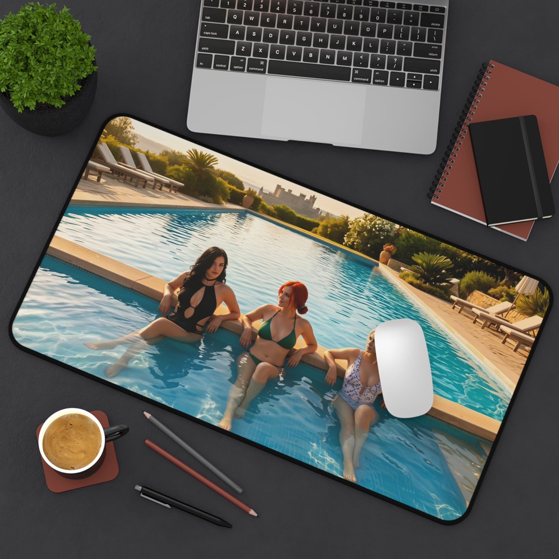 Witcher Gaming Mouse Pad – Ciri Triss Yennefer Desk Mat, Fantasy RPG Setup featuring Ciri Triss and Yennefer poolside artwork