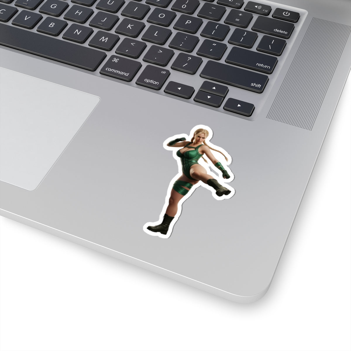 Cammy White Sticker – Street Fighter Vinyl Sticker for Laptops & Indoor Decor on silver laptop showing glossy vinyl, crisp detail and bubble-free application