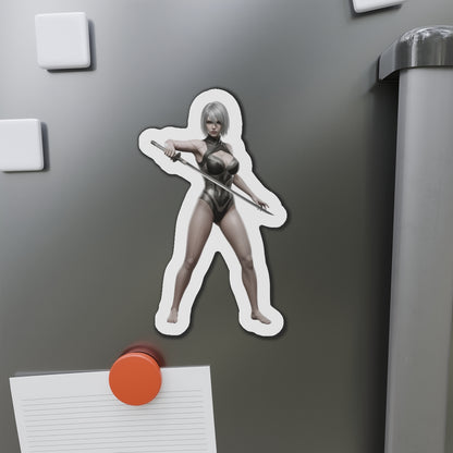 A2 Magnet – NieR Automata Anime Heroine Fridge Magnet, Game Decor showing die-cut vinyl magnet of A2 with spear on fridge