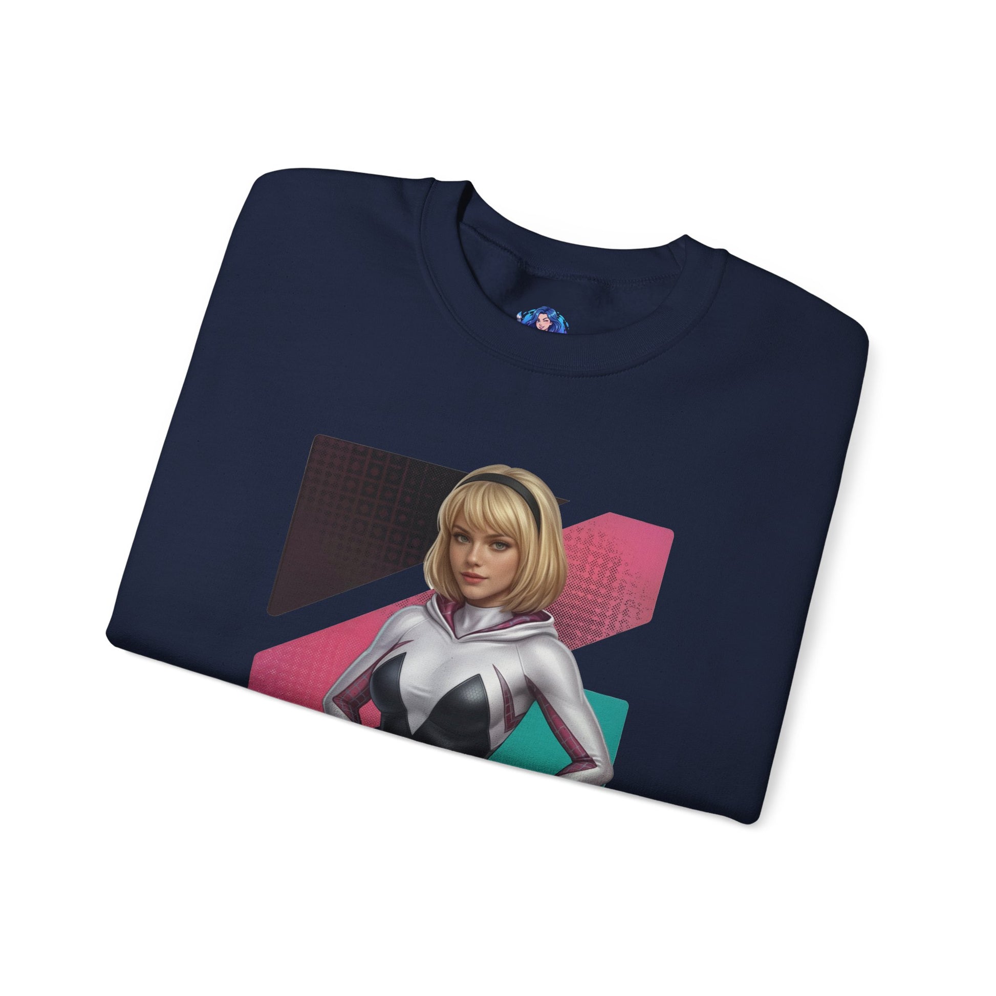 Spider Gwen Sweatshirt, Spider-Verse Crewneck, Stylish Superhero Apparel for Fans — navy crewneck with Spider Gwen white-and-pink artwork