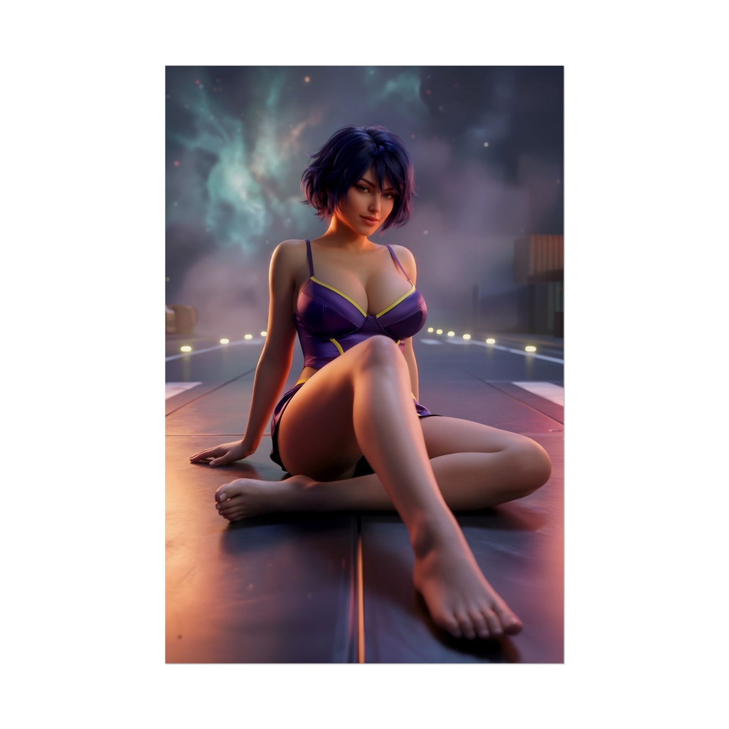 Faye Valentine Poster / Faye Valentine Wall Art / Faye Valentine Art Print / Cowboy Bebop Poster - cinematic sci‑fi portrait of Faye Valentine seated on rooftop