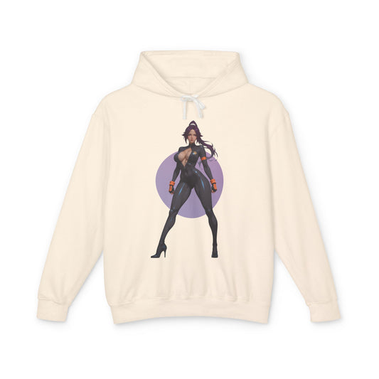 Yoruichi Shihouin Hoodie | Bleach Anime Hoodie | Warrior Goddess Pullover - cream pullover with bold purple-and-black Yoruichi illustration