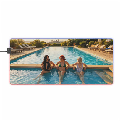 Ciri, Triss Merigold & Yennefer Desk Mat – LED RGB Pad showing trio of heroines seated at pool edge with RGB glow around mat