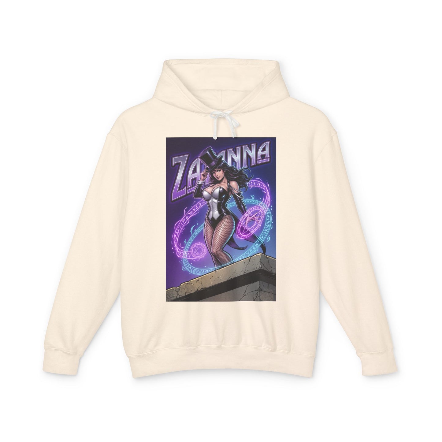 Zatanna Hoodie | DC Magic Hero Hoodie | Master Illusionist Pullover cream hoodie with Zatanna graphic, magical purple spell rings, stage magician streetwear
