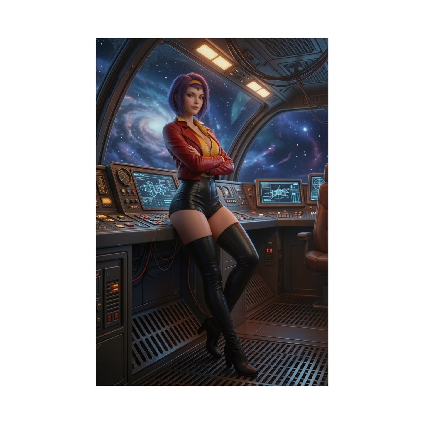 Faye Valentine Poster, Cowboy Bebop Wall Art Print – Anime Decor featuring Faye in a spaceship cockpit, high-resolution anime wall art