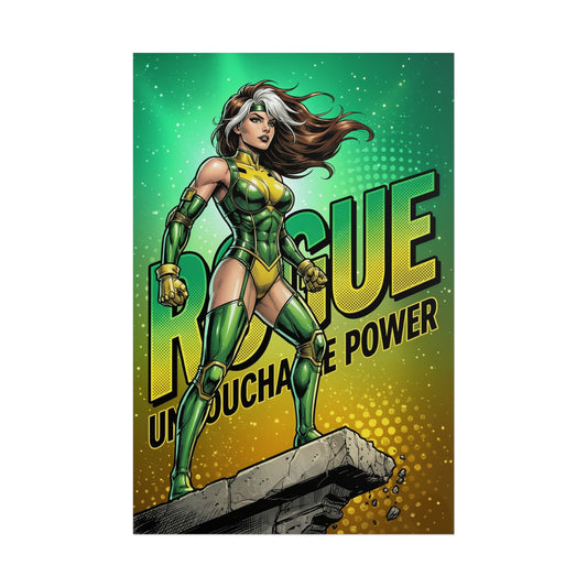 Rogue Poster / Rogue Wall Art / Rogue Art Print / X-Men Poster showing Rogue in green costume standing on rock with dynamic comic-style background