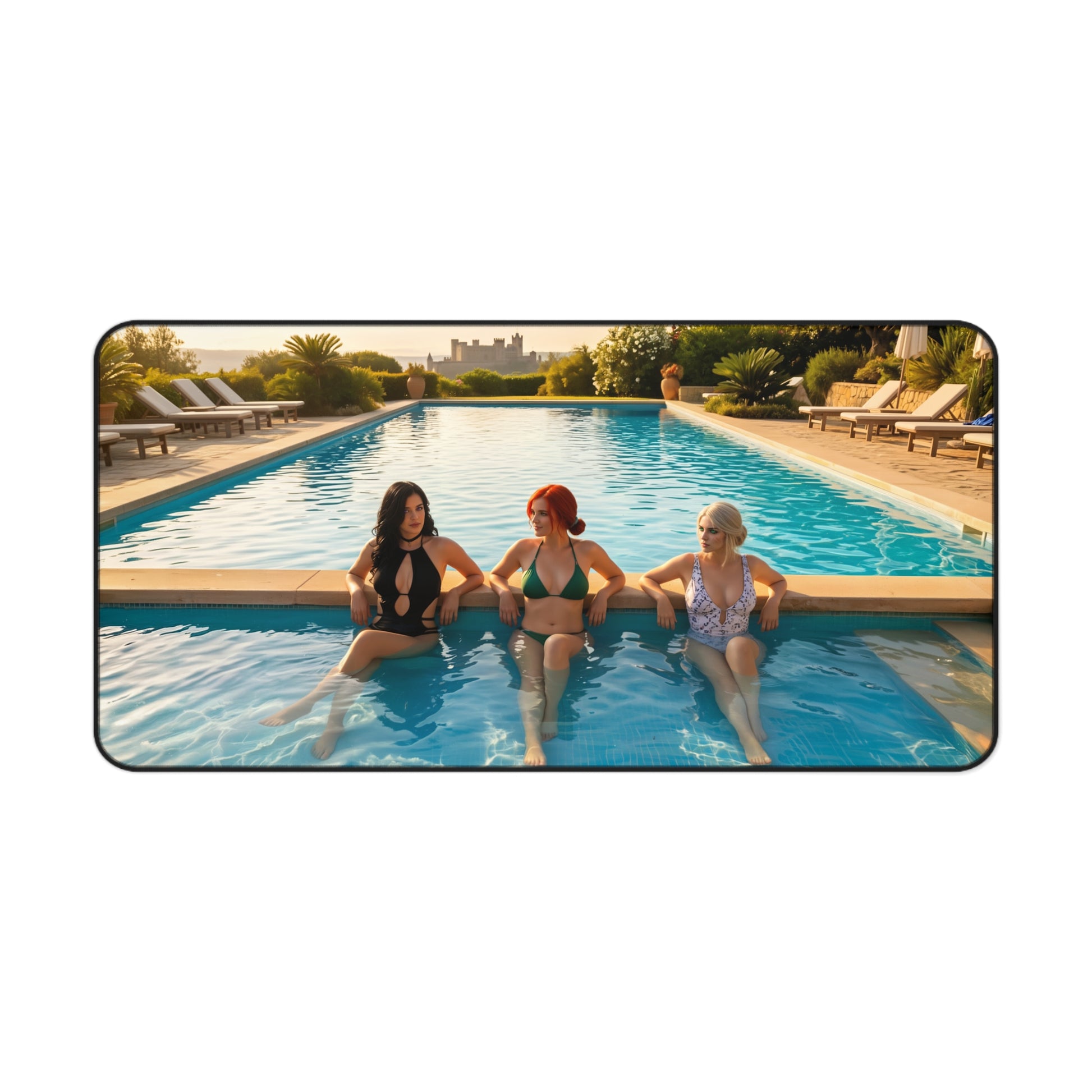 Witcher Gaming Mouse Pad – Ciri Triss Yennefer Desk Mat, Fantasy RPG Setup showing Ciri Triss and Yennefer at a pool in swimsuits