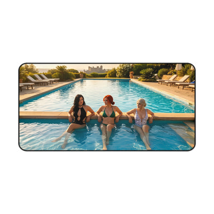 Witcher Gaming Mouse Pad – Ciri Triss Yennefer Desk Mat, Fantasy RPG Setup showing Ciri Triss and Yennefer at a pool in swimsuits