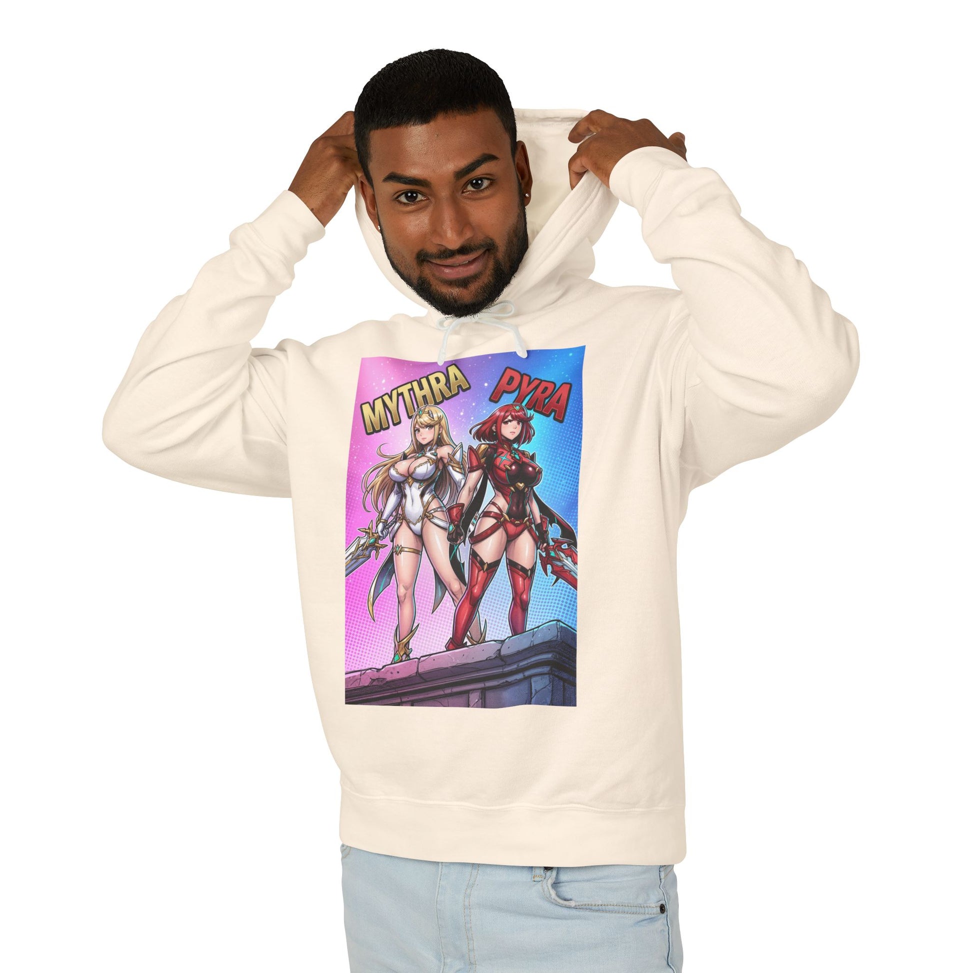 Mythra & Pyra Hoodie | JRPG Fantasy Hoodie | Anime Warrior Pullover model wearing cream hoodie featuring Mythra and Pyra artwork