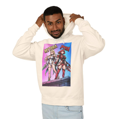 Mythra & Pyra Hoodie | JRPG Fantasy Hoodie | Anime Warrior Pullover model wearing cream hoodie featuring Mythra and Pyra artwork