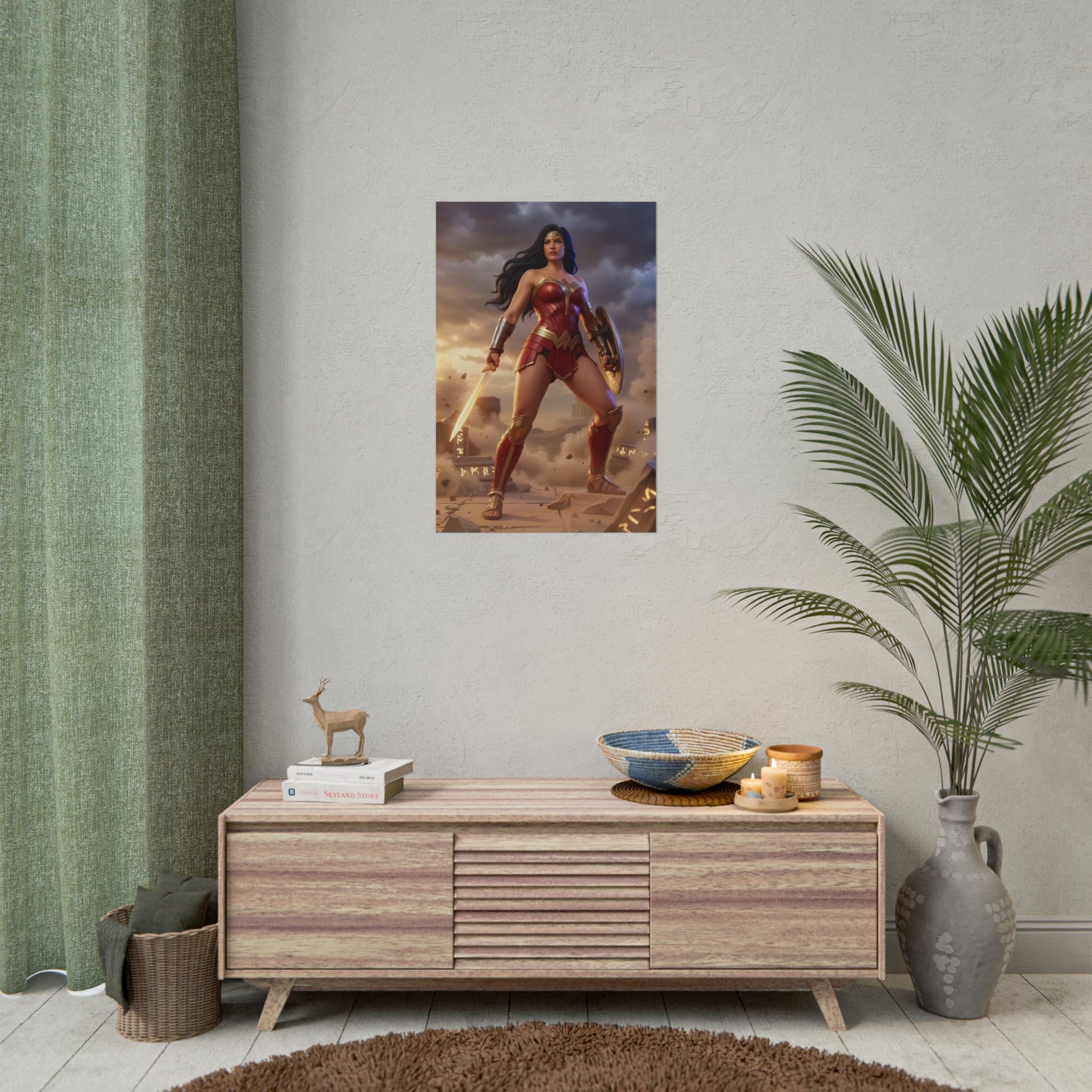 Wonder Woman Poster, DC Comics Wall Art Print – Heroine Decor hanging above media console in modern gamer room