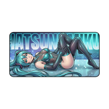 Hatsune Miku Desk Mat, Vocaloid Mouse Pad, Anime Gaming Desk Setup featuring reclining neon Hatsune Miku artwork with smooth glide surface