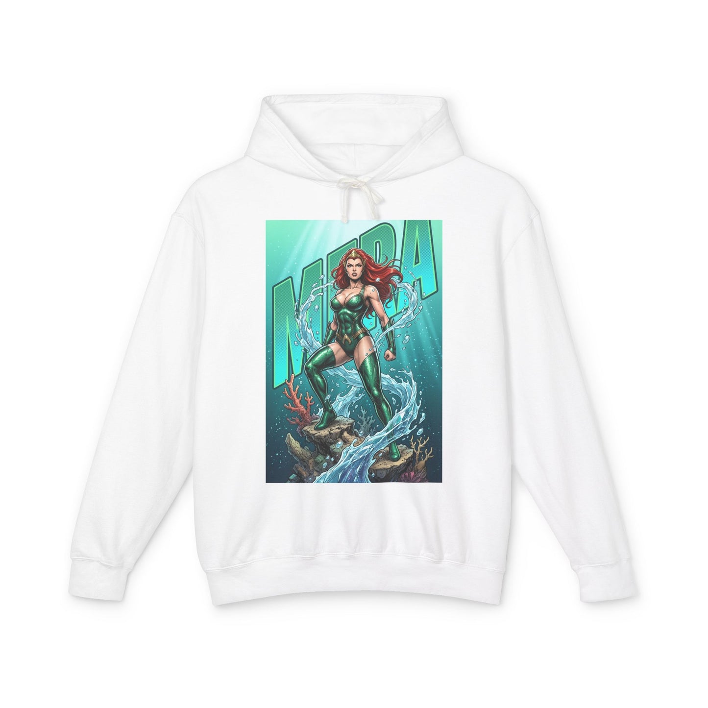 Mera Hoodie | DC Superhero Hoodie | Ocean-Born Warrior Pullover white hoodie with illustrated Mera graphic, aquatic design, soft cotton streetwear
