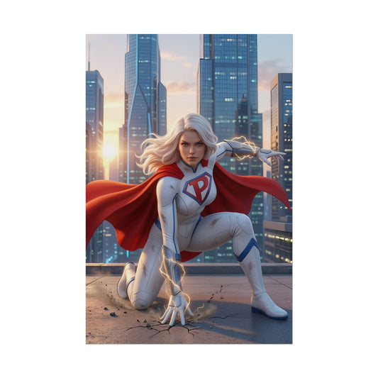Power Girl Poster, DC Comics Art Print – Superhero Wall Art: dynamic Power Girl in white suit and red cape kneeling on city rooftop with lightning effects