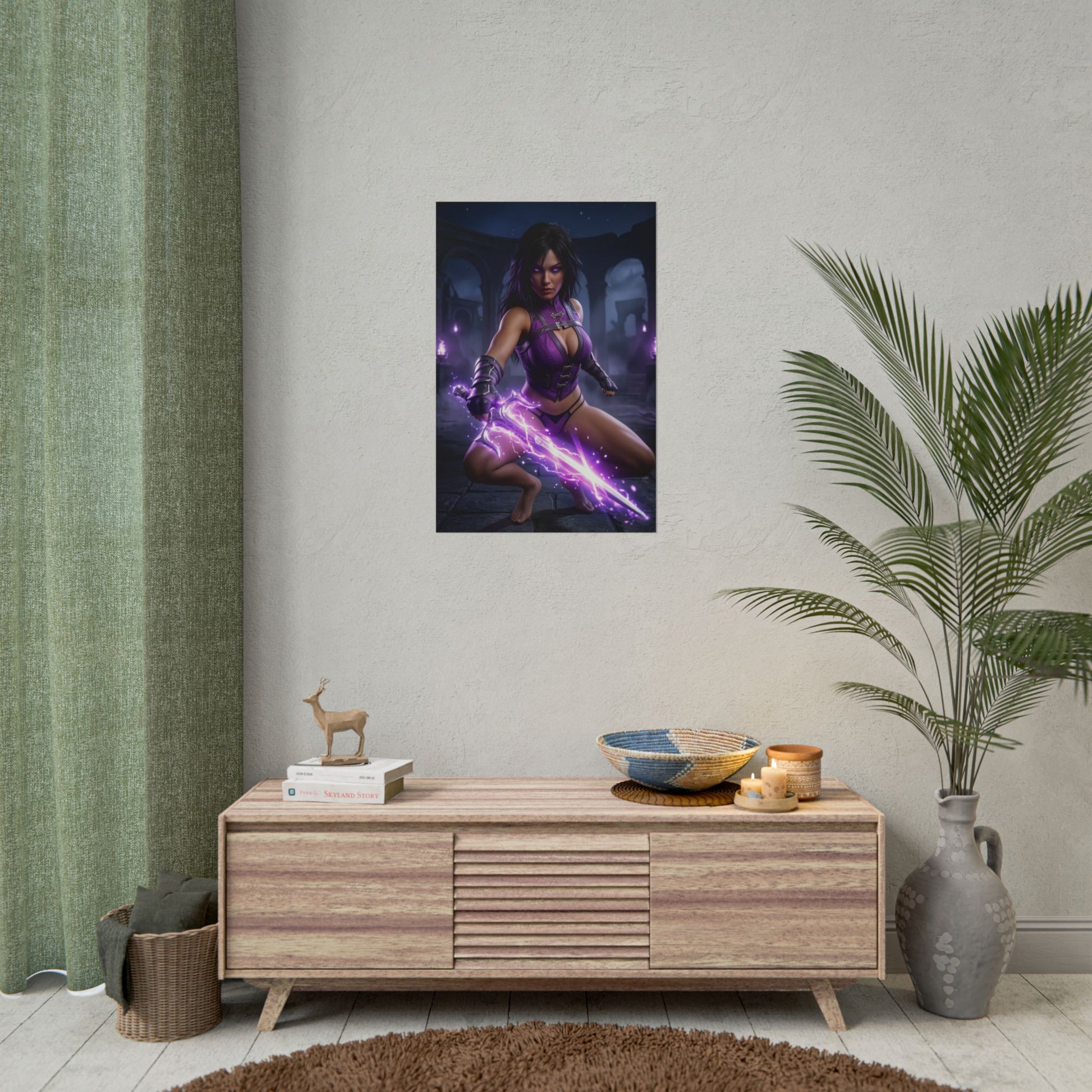 Mileena Poster Mortal Kombat Wall Art Print Dark Fantasy Decor - cinematic close combat pose with purple glowing energy weapon effects