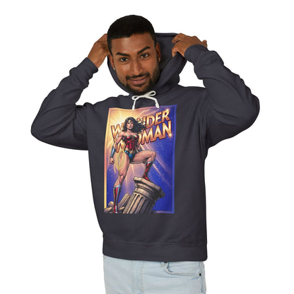 Wonder Woman Hoodie | DC Superhero Hoodie | Amazon Warrior Pullover - navy pullover featuring bold Wonder Woman comic art on front, lightweight cotton
