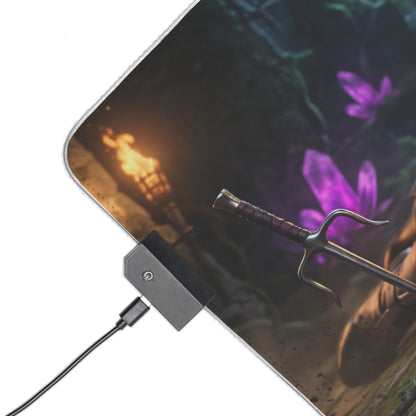Mileena Desk Mat – LED RGB Pad, Waifu Fighter Anime Girl Setup close-up showing RGB controller, sword hilt and precision-cloth surface