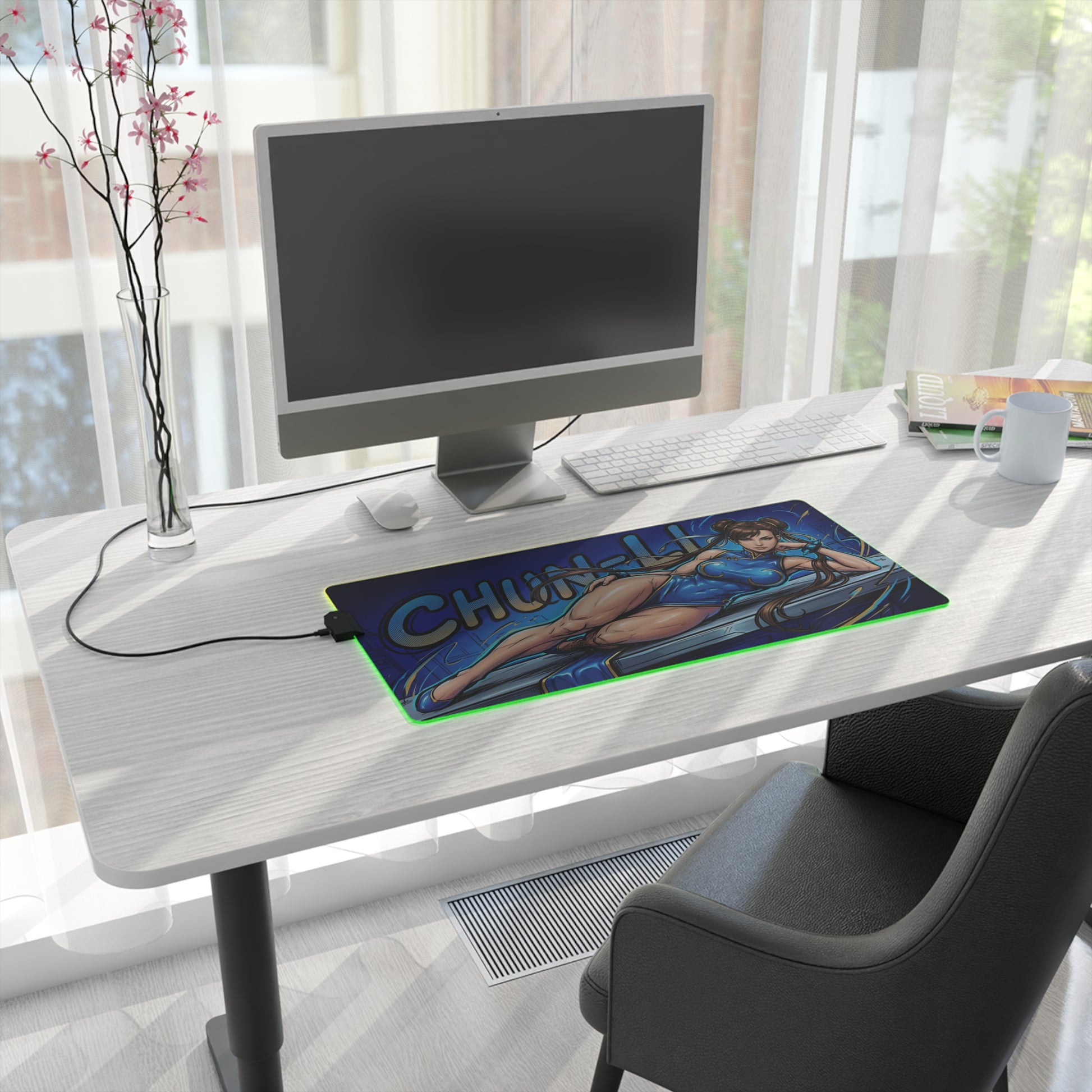 Chun-Li RGB Desk Mat, Fighting Game Gaming Mouse Pad, LED Desk Mat for Gamer Setup on modern white gaming desk with blue artwork and RGB lighting