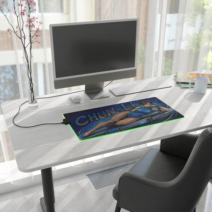 Chun-Li RGB Desk Mat, Fighting Game Gaming Mouse Pad, LED Desk Mat for Gamer Setup on modern white gaming desk with blue artwork and RGB lighting