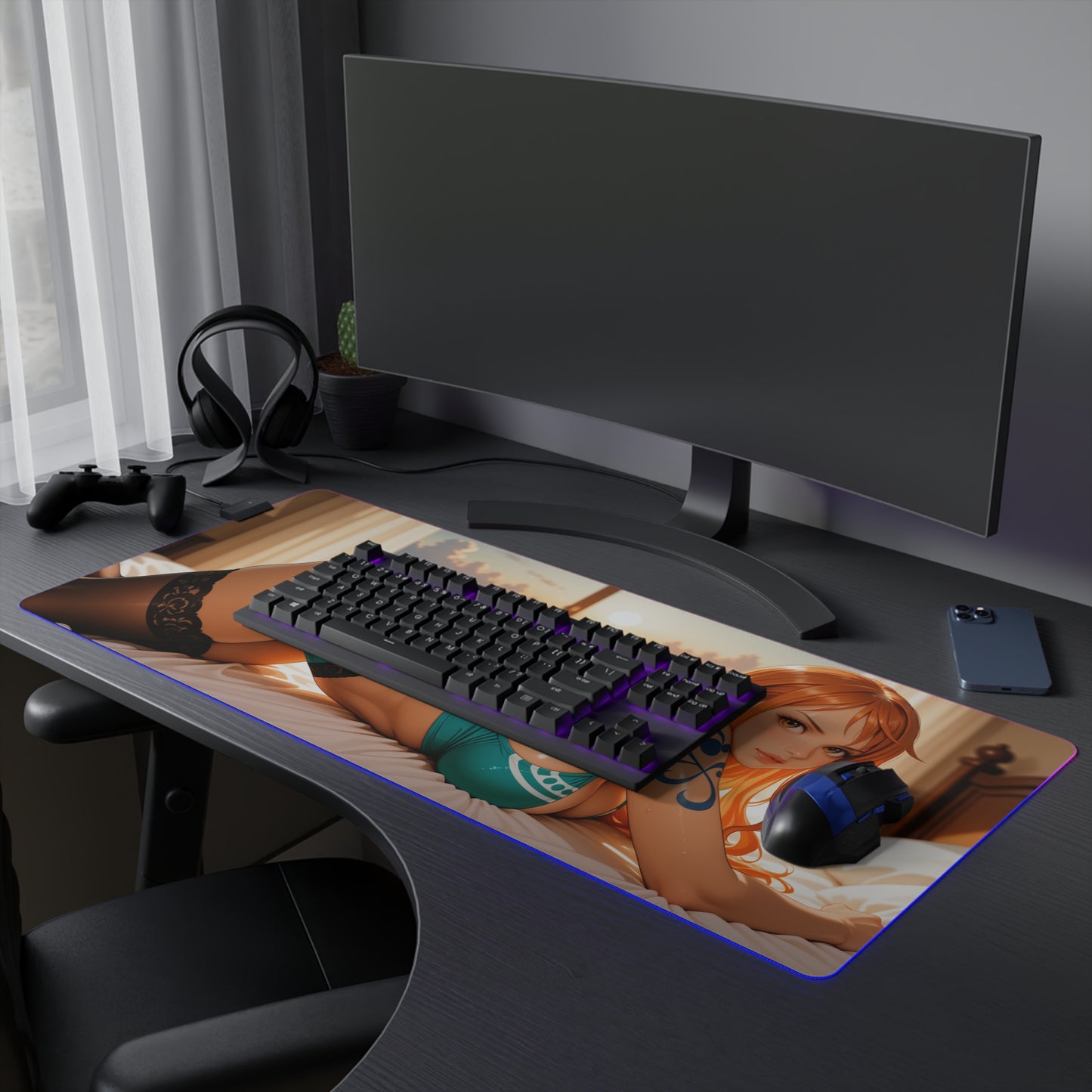 Nami Desk Mat – LED RGB Pad, Waifu Anime Girl Gaming Setup