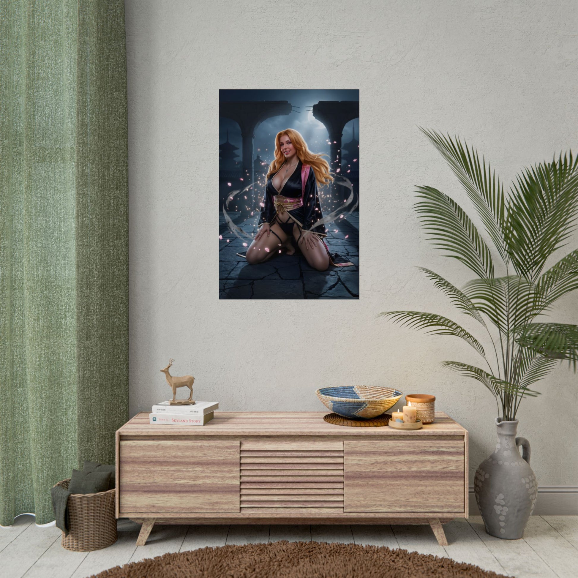 Rangiku Matsumoto Poster / Rangiku Matsumoto Wall Art / Rangiku Matsumoto Art Print / Bleach Poster - elegant night scene with flowing hair and sakura petals