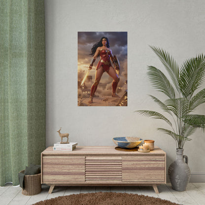 Wonder Woman Poster, DC Comics Wall Art Print – Heroine Decor hanging above modern media console in gamer room
