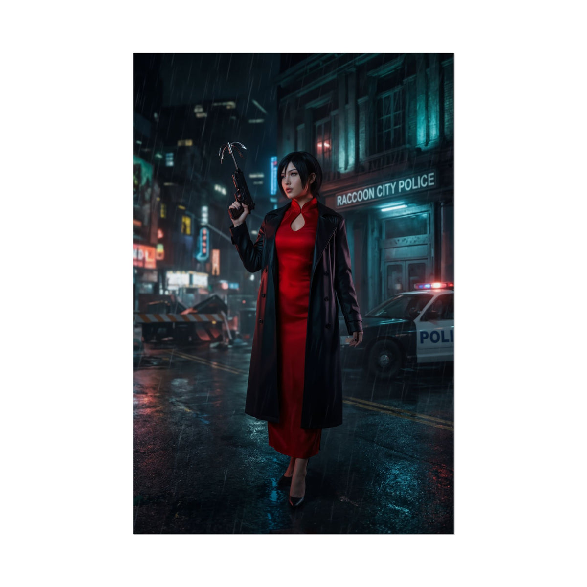 Ada Wong Poster  Iconic Action Heroine Wall Art for Gamer Room Decor, noir city scene of stealth heroine in red dress holding weapon