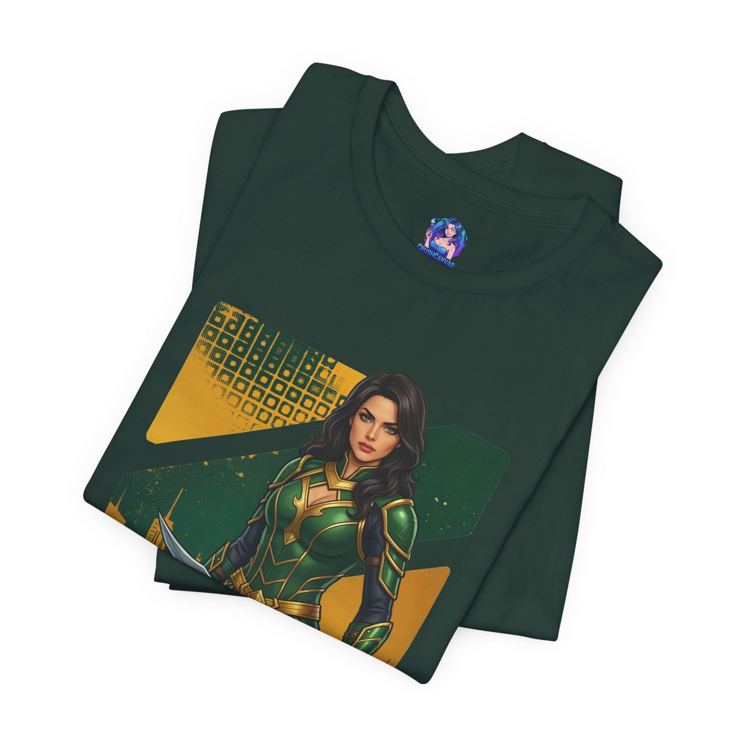 Talia al Ghul T-Shirt | DC Comics Anime Tee for Gamers & Comic Fans - anime-style Talia portrait on dark green Bella Canvas tee