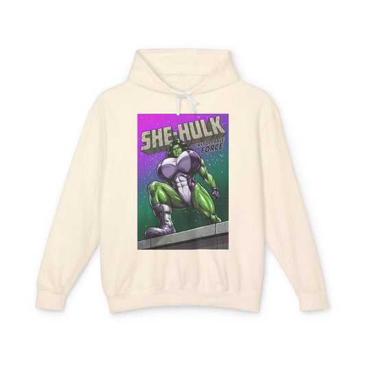 She-Hulk Hoodie | Marvel Superhero Hoodie | Unstoppable Force Pullover cream pullover with bold comic-style She-Hulk graphic and hood
