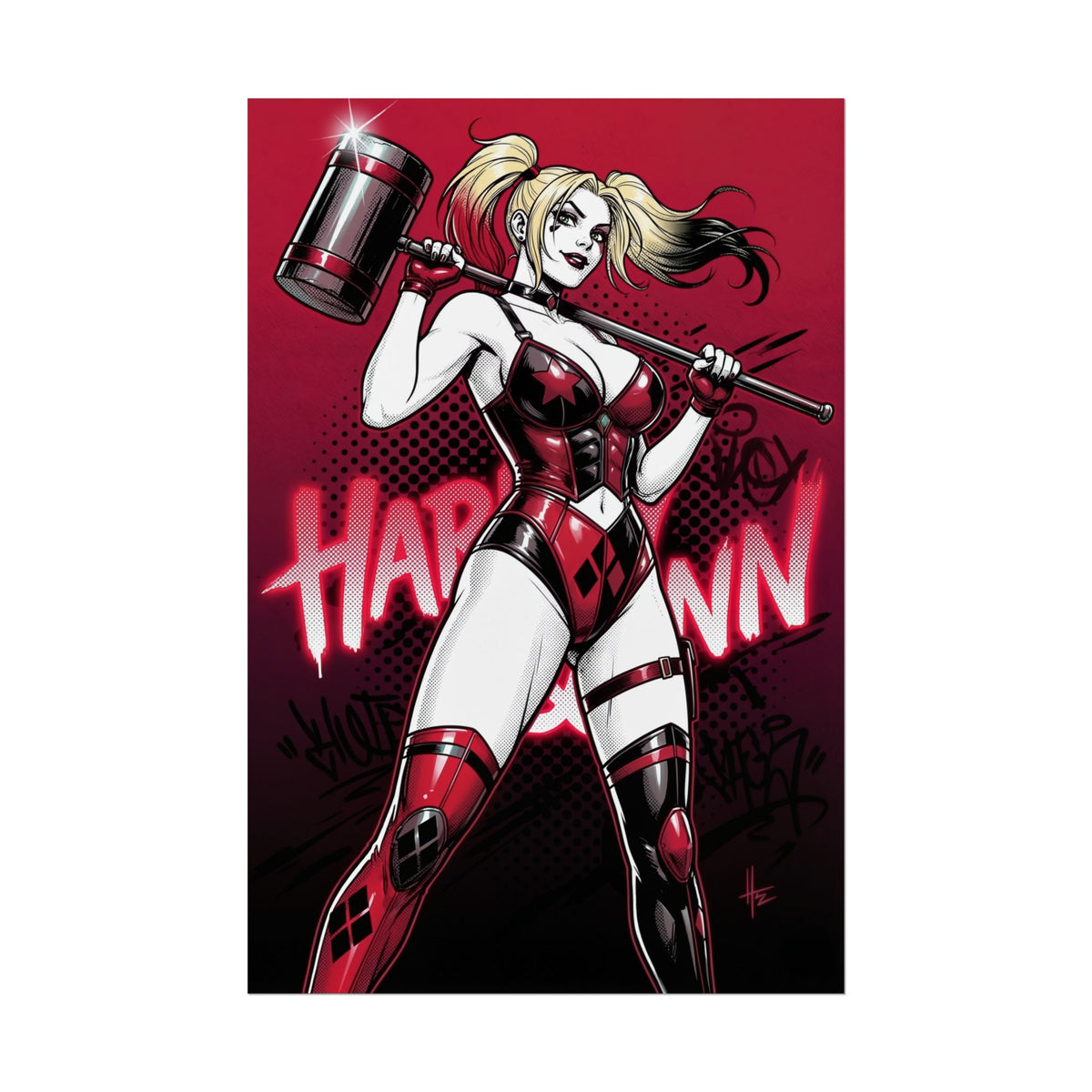Harley Quinn Poster / Harley Quinn Wall Art / Harley Quinn Art Print / DC Comics Poster - bold red black Harley Quinn holding hammer in dynamic pose