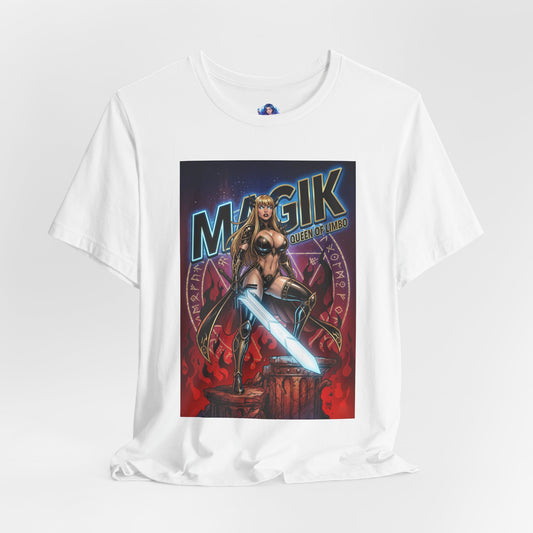 Magik T-Shirt | Marvel X-Men Anime Tee for Gamers & Fans featuring Magik artwork with glowing sword, dark armor and Limbo symbols on Bella Canvas 3001